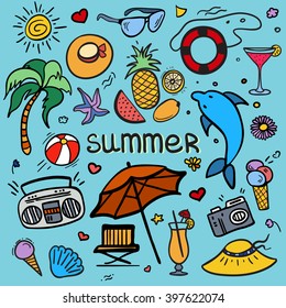 Colorful vector hand drawn Doodle cartoon set of objects and symbols for summer holidays. Vector illustration for web, mobile and print