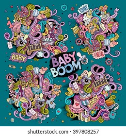 Colorful vector hand drawn Doodle cartoon set of baby objects and symbols