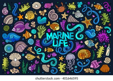 Colorful vector hand drawn Doodle cartoon set of marine life objects and symbols