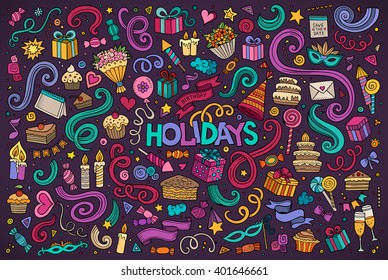 Colorful vector hand drawn Doodle cartoon set of holidays objects and symbols