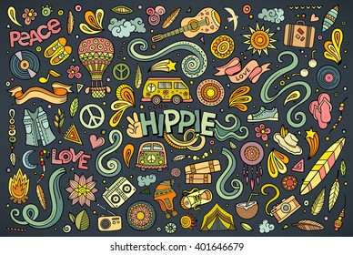 Colorful vector hand drawn Doodle cartoon set of hippie objects and symbols