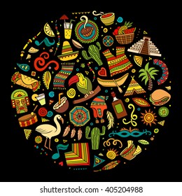 Colorful vector hand drawn doodle cartoon set of Latin American objects and symbols. Round design