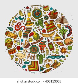 Colorful vector hand drawn doodle cartoon set of Latin American objects and symbols. Round design