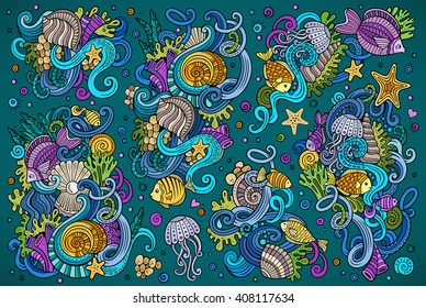 Colorful vector hand drawn Doodle cartoon set of marine life objects and symbols