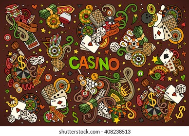 Colorful vector hand drawn Doodle cartoon set of casino objects and symbols