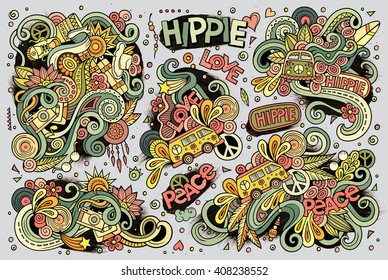 Colorful vector hand drawn Doodle cartoon set of hippie objects and symbols