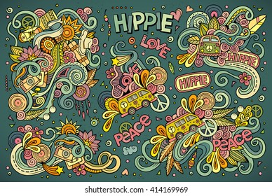 Colorful vector hand drawn Doodle cartoon set of hippie objects and symbols