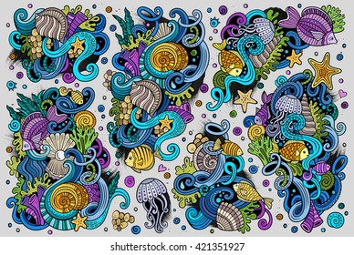 Colorful vector hand drawn Doodle cartoon set of marine life objects and symbols