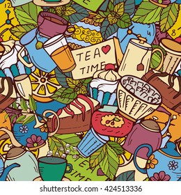 Colorful vector hand drawn Doodle cartoon seamless pattern on the tea time theme