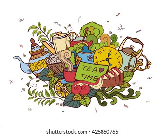 Colorful vector hand drawn Doodle cartoon composition of objects and decorations on the tea theme