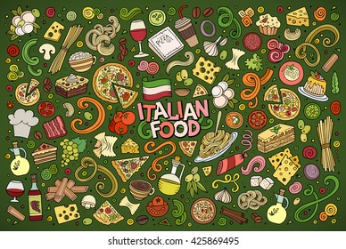 Colorful vector hand drawn doodle cartoon set of italian food objects and symbols