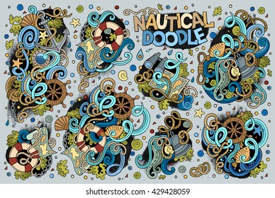 Colorful vector hand drawn Doodle cartoon set of marine, nautical objects and symbols