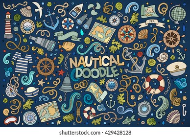 Colorful vector hand drawn Doodle cartoon set of marine, nautical objects and symbols