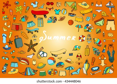 Colorful vector hand drawn Doodle cartoon set of objects and symbols for summer holidays. Vector illustration for web, mobile and print