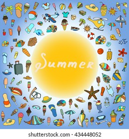 Colorful vector hand drawn Doodle cartoon set of objects and symbols for summer holidays. Vector illustration for web, mobile and print