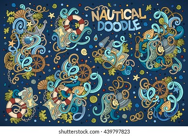 Colorful vector hand drawn Doodle cartoon set of marine, nautical objects and symbols