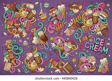 Colorful vector hand drawn doodle cartoon set of ice-cream objects and symbols designs