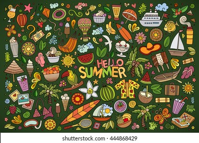 Colorful vector hand drawn doodle cartoon set of summer time season objects and symbols