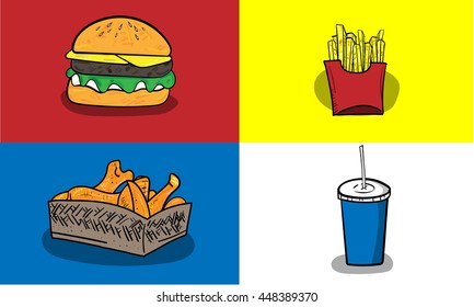 Colorful vector hand drawn Doodle cartoon set of objects and symbols on the fast food theme. Hamburger French fried Fried chicken and Soda vector illustration.