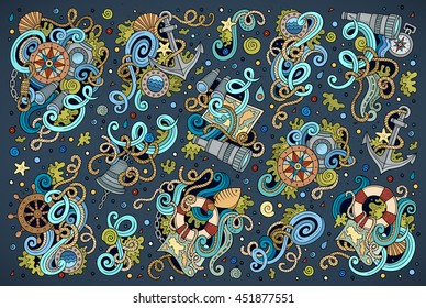 Colorful vector hand drawn Doodle cartoon set of marine, nautical objects and symbols