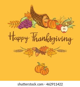 Colorful vector hand drawn doodle set of a Thanksgiving cornucopia full of harvest fruits and vegetables with decorative banner