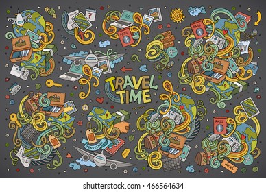 Colorful vector hand drawn doodle cartoon set of travel planning theme items, objects and symbols