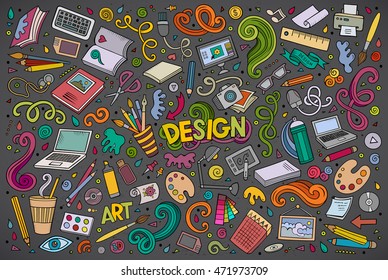 Colorful Vector Hand Drawn Doodle Cartoon Set Of Design Theme Items, Objects And Symbols