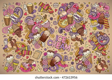 Colorful vector hand drawn doodle cartoon set of ice-cream objects and symbols designs