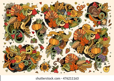 Colorful vector hand drawn doodle cartoon set of Thanksgiving objects and symbols