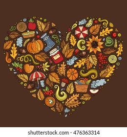Colorful vector hand drawn doodle cartoon set of Autumn objects, symbols and items. Heart composition