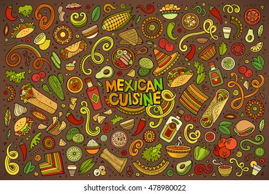 Colorful vector hand drawn doodle cartoon set of Mexican Food theme items, objects and symbols