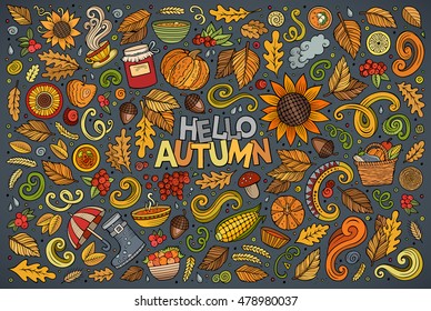 Colorful vector hand drawn doodle cartoon set of Autumn theme items, objects and symbols