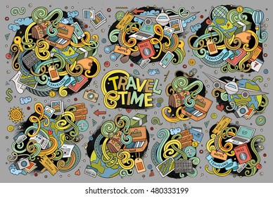 Colorful vector hand drawn doodle cartoon set of travel planning theme items, objects and symbols