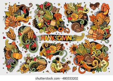 Colorful vector hand drawn doodle cartoon set of Thanksgiving objects and symbols