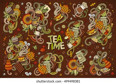 Colorful vector hand drawn doodle cartoon set of tea and coffee theme items, objects and symbols