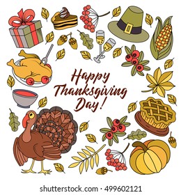 Colorful vector hand drawn Doodle cartoon set of objects and symbols on the Thanksgiving autumn theme