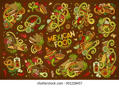 Colorful vector hand drawn doodle cartoon set of Mexican Food theme items, objects and symbols