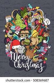 Colorful vector hand drawn doodle cartoon set of New Year and Christmas objects and symbols