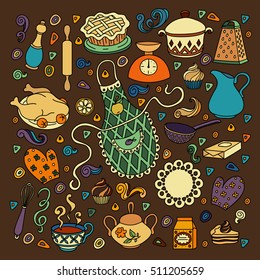 Colorful vector hand drawn Doodle cartoon set of objects and symbols on the kitchen theme