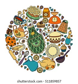 Colorful vector hand drawn Doodle cartoon set of objects and symbols on the kitchen theme