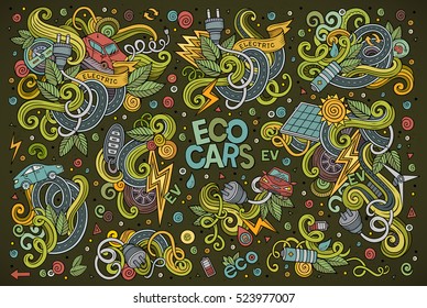 Colorful vector hand drawn doodle cartoon set of Electric cars objects and symbol