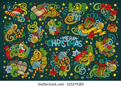 Colorful vector hand drawn doodle cartoon set of New Year and Christmas objects and symbols