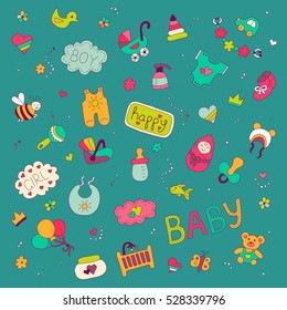 Colorful vector hand drawn Doodle cartoon set of objects and symbols on the baby theme