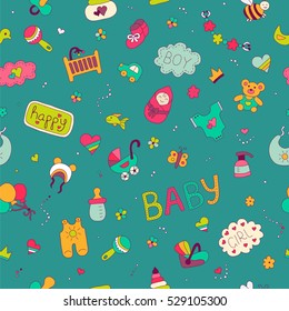 Colorful vector hand drawn Doodle cartoon set of objects and symbols on the baby theme. Seamless  pattern 
