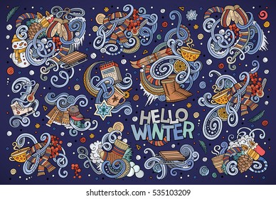 Colorful vector hand drawn doodle cartoon set of Winter season objects and symbols