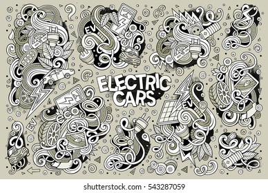 Colorful vector hand drawn doodle cartoon set of Electric cars objects and symbol
