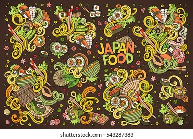 Colorful vector hand drawn doodle cartoon set of Japan food objects and symbols