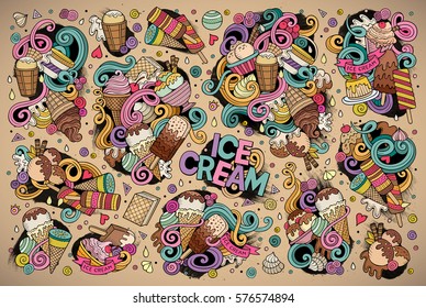 Colorful vector hand drawn doodle cartoon set of ice-cream objects and symbols designs