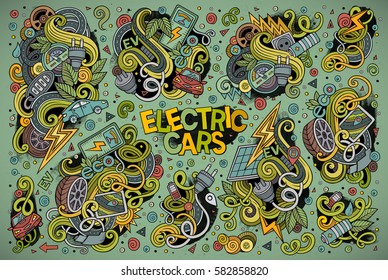 Colorful vector hand drawn doodle cartoon set of Electric cars objects and symbol