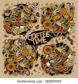 Colorful vector hand drawn doodle cartoon set of tea and coffee theme items, objects and symbols